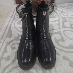 Napoleoni Black Leather Combat Boots with Zipper Detail Sz 8